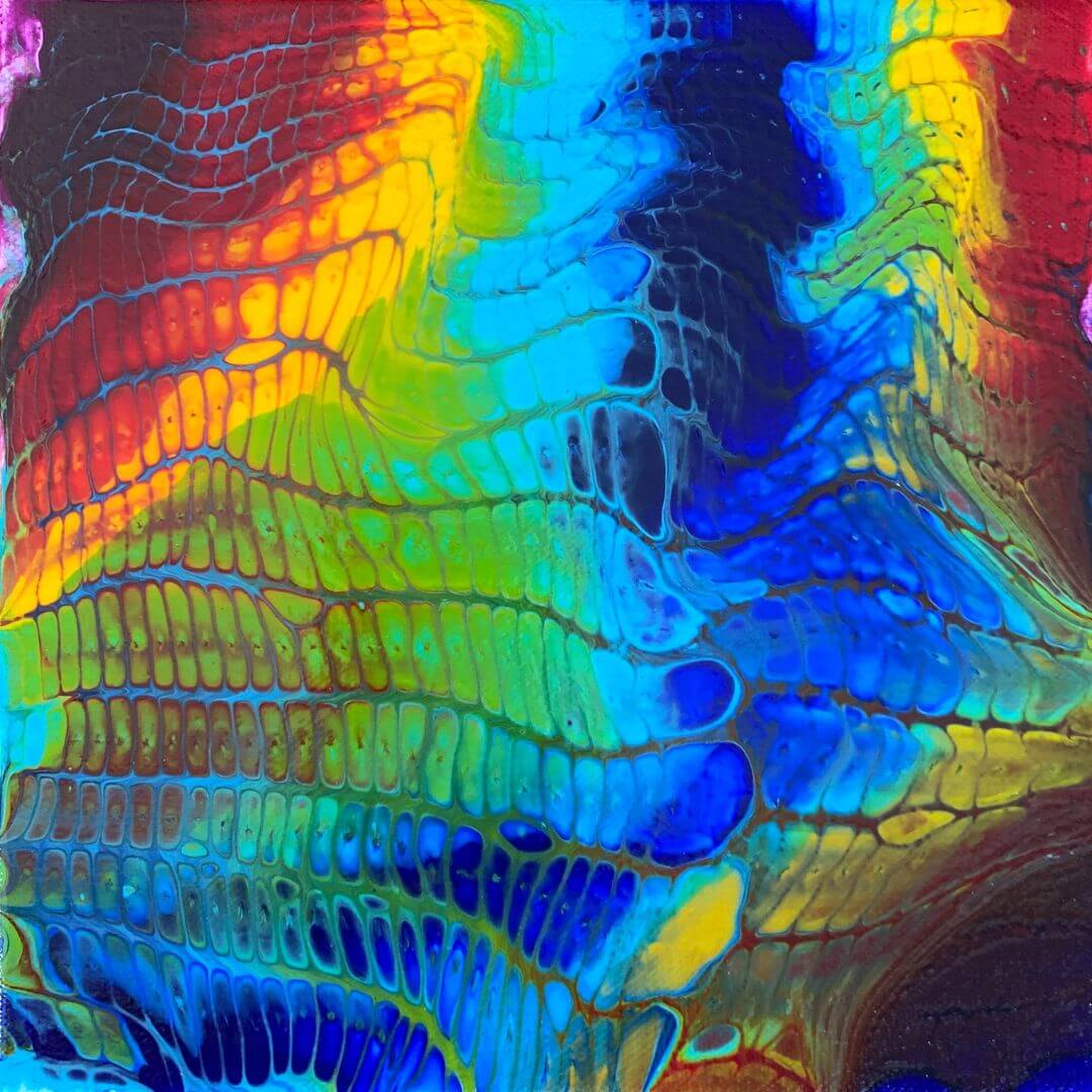 Peinture abstraite colorée exprimant les échanges vibratoires avec les animaux, artiste Anna Grosfort.